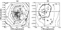 Figura 1. (a) Mappa del Vulcano Etna con ubicazione di tutte le stazioni a larga banda istallate durante l'esperimento di Giugno 2008. (b) Immagine di dettaglio con la posizione delle stazioni sommitali. Le linee tratteggiate indicano la traccia delle due sezioni verticali riportate in Figura 2.