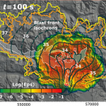 Figura 2. Mappa della concentrazione totale di particelle piroclastiche (in scala logaritmica) a 10 m dal suolo a 100 s dall'inizio del blast