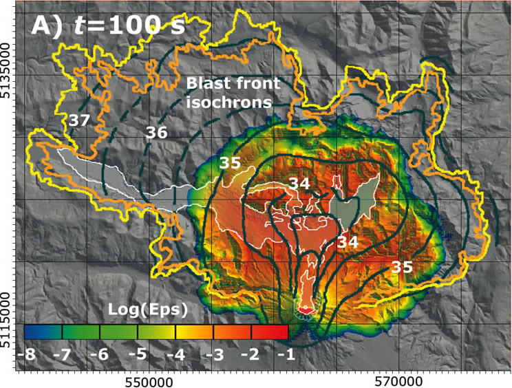 Figura 2. Mappa della concentrazione totale di particelle piroclastiche (in scala logaritmica) a 10 m dal suolo a 100 s dall'inizio del blast
