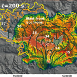 Figura 2. Mappa della concentrazione totale di particelle piroclastiche (in scala logaritmica) a 10 m dal suolo a 200 s dall’inizio del blast.