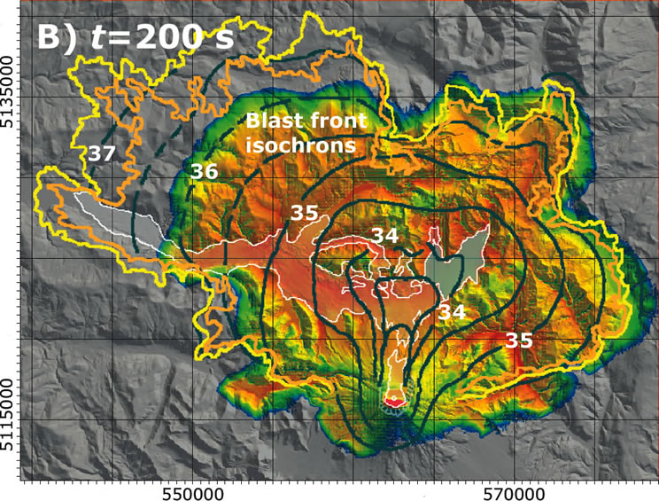 Figura 2. Mappa della concentrazione totale di particelle piroclastiche (in scala logaritmica) a 10 m dal suolo a 200 s dall’inizio del blast.