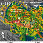 Figura 2. Mappa della concentrazione totale di particelle piroclastiche (in scala logaritmica) a 10 m dal suolo a 380 s dall’inizio del blast