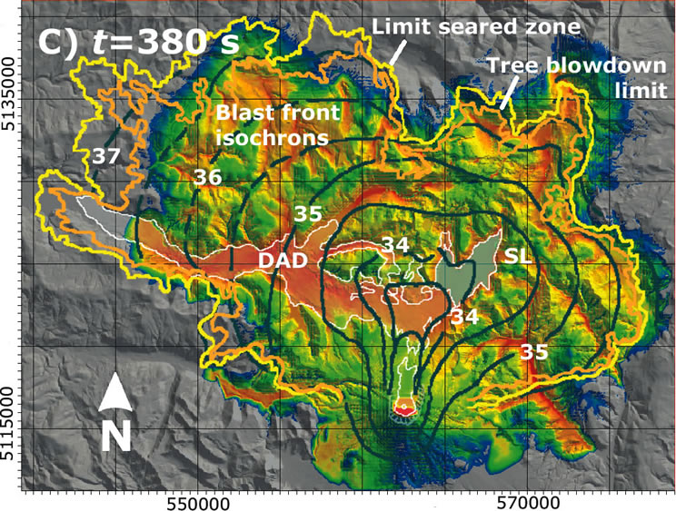 Figura 2. Mappa della concentrazione totale di particelle piroclastiche (in scala logaritmica) a 10 m dal suolo a 380 s dall’inizio del blast