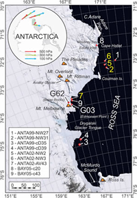 Map of Victoria Land (Antartica) showing the location of the studied cores in the Ross Sea and relevant geological features