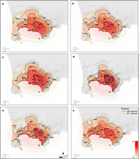 Ensemble of mean spatial probability maps of PDC invasion showing the effect of different assumptions on the hazard mapping