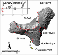 El Hierro island: Flank collapse scars are highlighted by red broken lines.