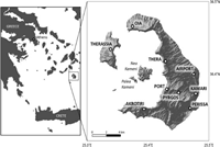 Map of Santorini caldera, and its location within Greece, the recent volcanic islands of Nea Kameni and Palea Kameni and nine key locations considered in our assessment of the potential ash and gas impacts from a future eruption at Santorini volcano