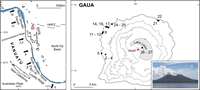 Map showing Vanuatu arc in southwest Pacific, the convergence rates and the location of Gaua volcanic island redrawn from Pelletier et al. (1998), and Calmant et al. (2003)