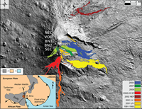 Composite map of Mt. Etna illustrating the extents of lava flow fields from the 1991–1993 SE flank eruption, the 2001 Upper Vent (UV) and Lower Vent (LV) eruptions, the 2002–2003 south rift and NE rift eruptions, the 2006 summit eruptions, the 2007 eruptions and the 2008–2009 eruptions.