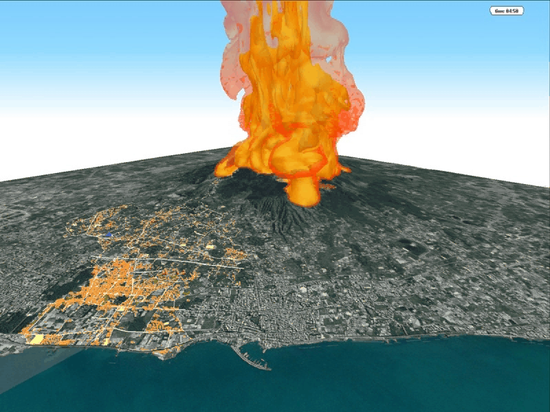 Simulazione tridimensionale di uno scenario eruttivo al Vesuvio rappresentativo con collasso parziale della colonna vulcanica. L'immagine mostra l'evoluzione della distribuzione della temperatura della colata piroclastica (in questo caso le due isosuperfici arancio e rosa indicano rispettivamente temperature di 350 e 100 °C ) dopo 300 secondi dall'inizio del collasso della colonna.