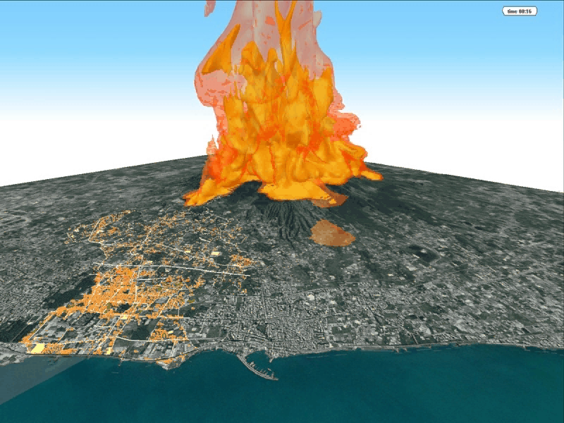 Simulazione tridimensionale di uno scenario eruttivo al Vesuvio rappresentativo con collasso parziale della colonna vulcanica. L'immagine mostra l'evoluzione della distribuzione della temperatura della colata piroclastica (in questo caso le due isosuperfici arancio e rosa indicano rispettivamente temperature di 350 e 100 °C ) dopo 300 secondi dall'inizio del collasso della colonna.