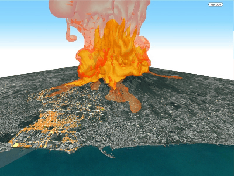 Simulazione tridimensionale di uno scenario eruttivo al Vesuvio rappresentativo con collasso parziale della colonna vulcanica. L'immagine mostra l'evoluzione della distribuzione della temperatura della colata piroclastica (in questo caso le due isosuperfici arancio e rosa indicano rispettivamente temperature di 350 e 100 °C ) dopo 750 secondi dall'inizio del collasso della colonna.