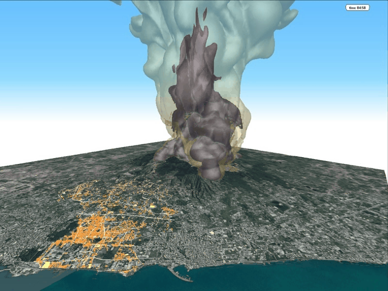 Simulazione tridimensionale di uno scenario eruttivo al Vesuvio rappresentativo con collasso parziale della colonna vulcanica. L'immagine mostra l'evoluzione della distribuzione della concentrazione volumetrica totale delle particelle nell'atmosfera (le due isosuperfici grigio scuro e grigio chiaro corrispondono rispettivamente a valori di 10^-4 e 10^-6) dopo 300 secondi dall'inizio del collasso della colonna.