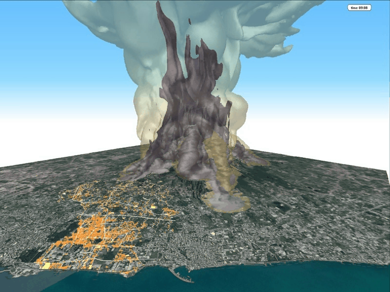 Simulazione tridimensionale di uno scenario eruttivo al Vesuvio rappresentativo con collasso parziale della colonna vulcanica. L'immagine mostra l'evoluzione della distribuzione della concentrazione volumetrica totale delle particelle nell'atmosfera (le due isosuperfici grigio scuro e grigio chiaro corrispondono rispettivamente a valori di 10^-4 e 10^-6) dopo 500 secondi dall'inizio del collasso della colonna.