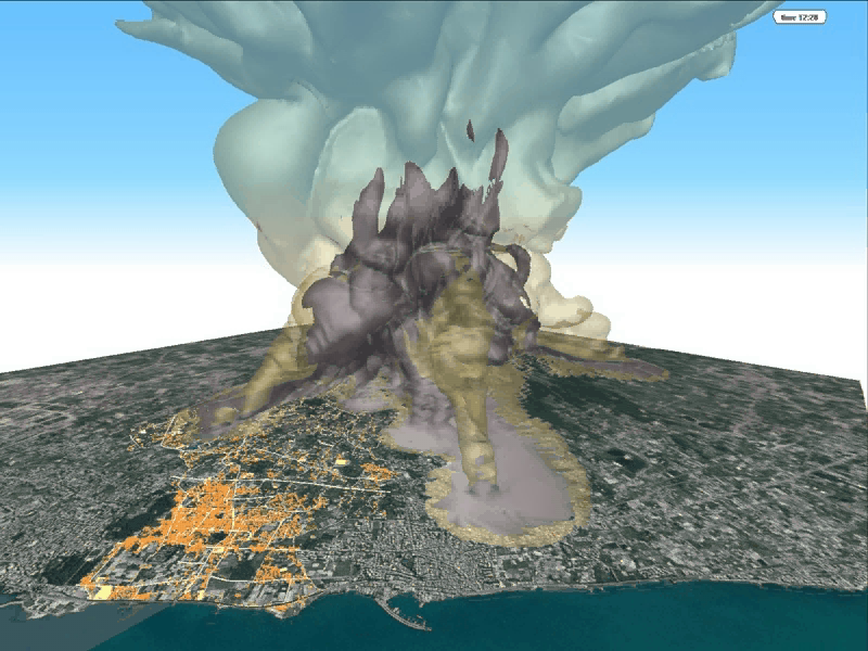 Simulazione tridimensionale di uno scenario eruttivo al Vesuvio rappresentativo con collasso parziale della colonna vulcanica. L'immagine mostra l'evoluzione della distribuzione della concentrazione volumetrica totale delle particelle nell'atmosfera (le due isosuperfici grigio scuro e grigio chiaro corrispondono rispettivamente a valori di 10^-4 e 10^-6) dopo 500 secondi dall'inizio del collasso della colonna.