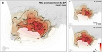 PDC invasion probability maps based on invasion areas of the last 5 ka, a single vent per eruption, located in the on-land part of the caldera. Contours and colours indicate the percentage probability of DPC invasion conditional on the occurrence of an explosive eruption