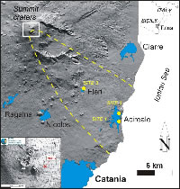 Figure 1. Digital elevation map of Mt. Etna showing the sites (full yellow circles) chosen for PM10 measurements and the collected samples