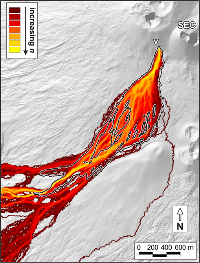 Simulating the area covered by lava flows using the DOWNFLOW code