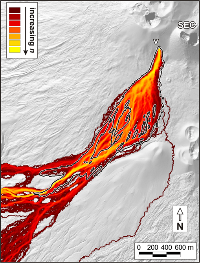 Fig. 4. Downflow output obtained on the western flank of Mt Etna from the subterminal vent opened at 3050 m above sea level in 2006 to the west of the Southeast Crater.