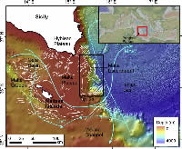 Location map of the north-eastern section of the Pelagian platform and western Ionian Basin, central Mediterranean Sea.