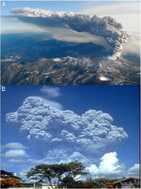 A. Aerial view showing Shinmoe-dake volcano peak erupting between Miyazaki and Kagoshima prefectures on January 27, 2011 (REUTERS/Kyodo) B. The June 12, 1991 eruption column from Mount Pinatubo taken from the east side of Clark Air Base. U.S. Geological Survey Photograph taken by Richard P. Hoblitt.