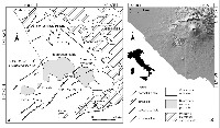 (a) Geological sketch map of the Campanian Plain (modified from: Bigi et al., 1990; Cassano & La Torre, 1987; Finetti & Morelli, 1974; La Torre et al., 1983). (b) DTM model of the Somma-Vesuvius volcano with the delimitation of the mapped area (white line).