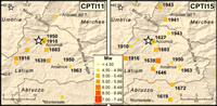 Main seismicity of the Central Apennines according to (a) CPTI11 and (b) CPTI15.