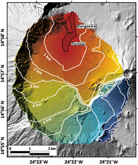 The coloured area shows all locations of future vents that will likely produce lava flows reaching and therefore affecting the villages of Portela and Bangaeira.