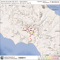 Distribuzione degli effetti del terremoto del 24 luglio 1654 come riportati nel DataBase Macrosismico Italiano (DBMI11, [Locati et al., 2011])