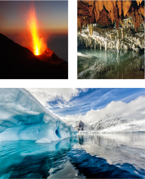 1) Eruzione Stromboli. 2) Concrezioni di grotta. 3) I ghiacciai dell'Antartide